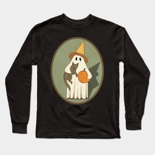 Vintage Ghost with Cat Halloween Graphic Long Sleeve T-Shirt